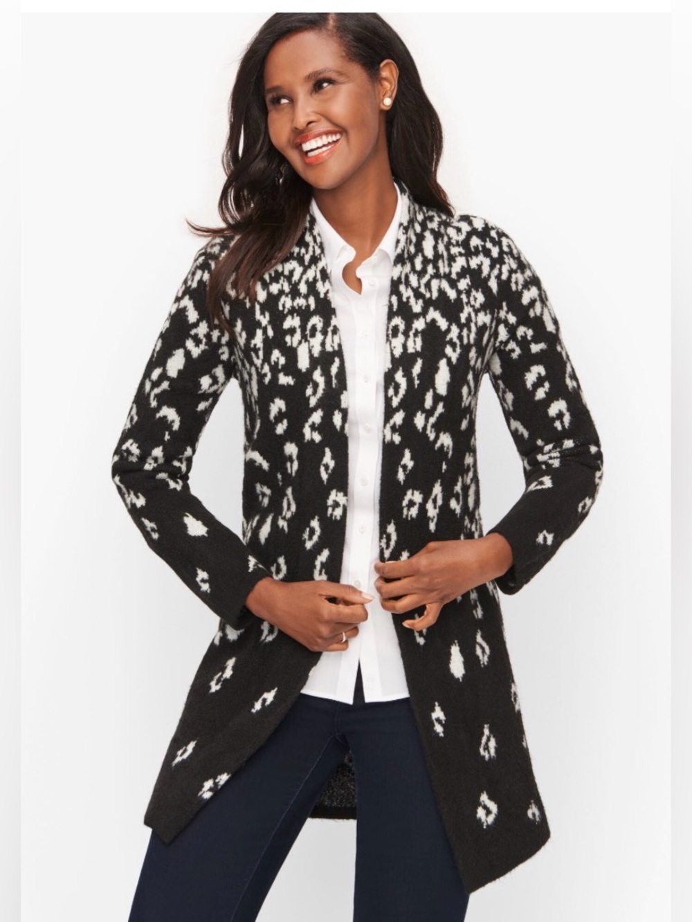Talbots Black & White Leopard Print Open Cardigan Sweater